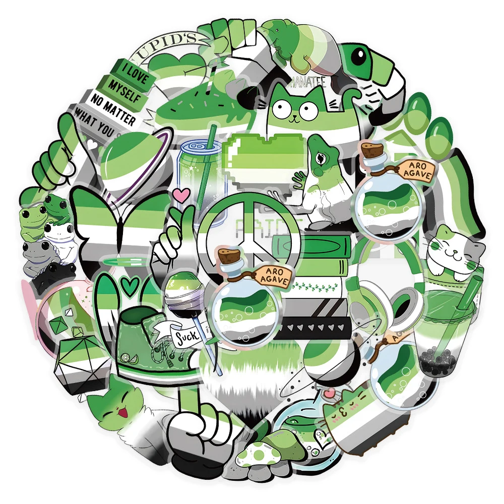 

10/30/50pcs Green Aromantic Pride Cartoon Stickers Waterproof Graffiti DIY Phone Suitcase Guitar Bike Transparent PET Decals Toy
