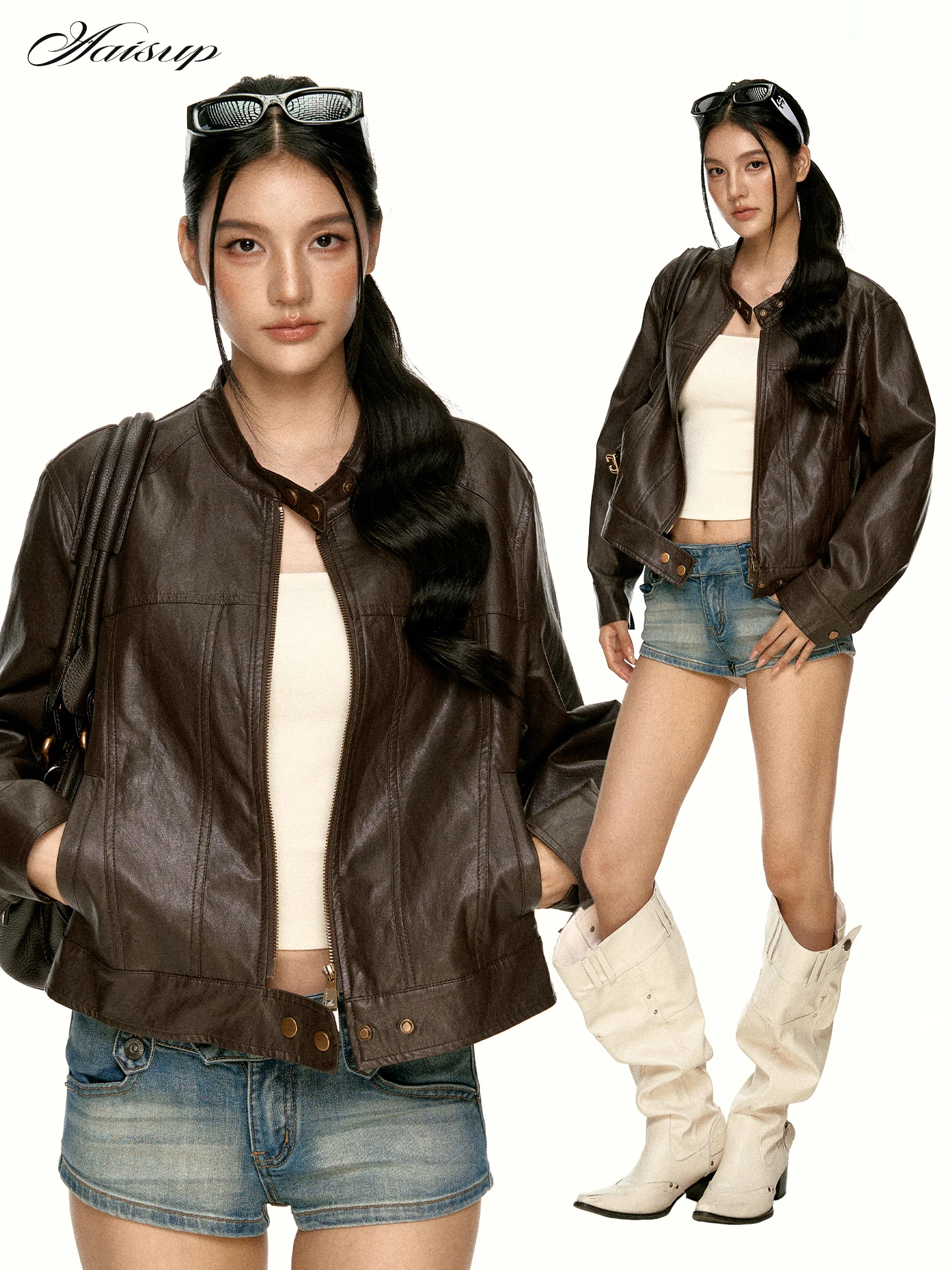 Aaisup Casual Style Stand Collar Short Leather Jacket Women's Autumn Cool Versatile Slimming Zipper Motorcycle Jacket