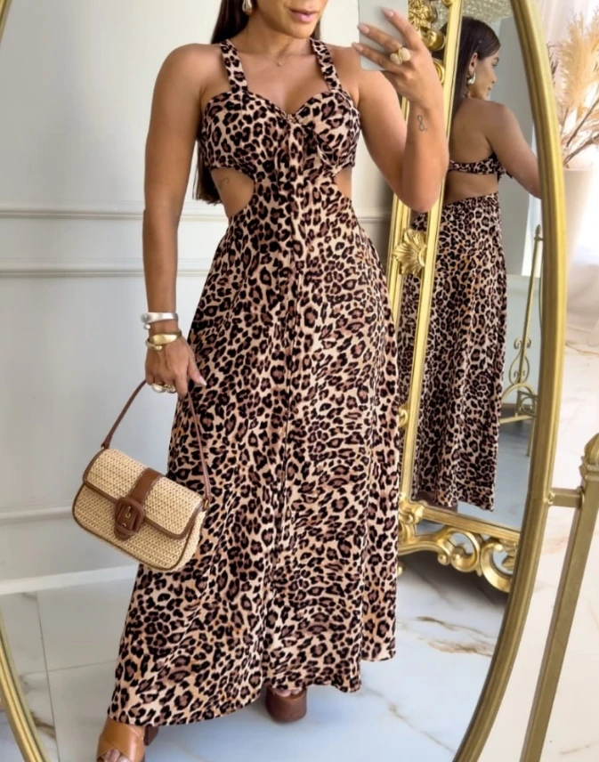 

Jumpsuit Women 2025 Spring Fashion Leopard Print V Neck Spaghetti Strap Tied Detail Jumpsuit Casual Hollow Out Slit Dress Romper