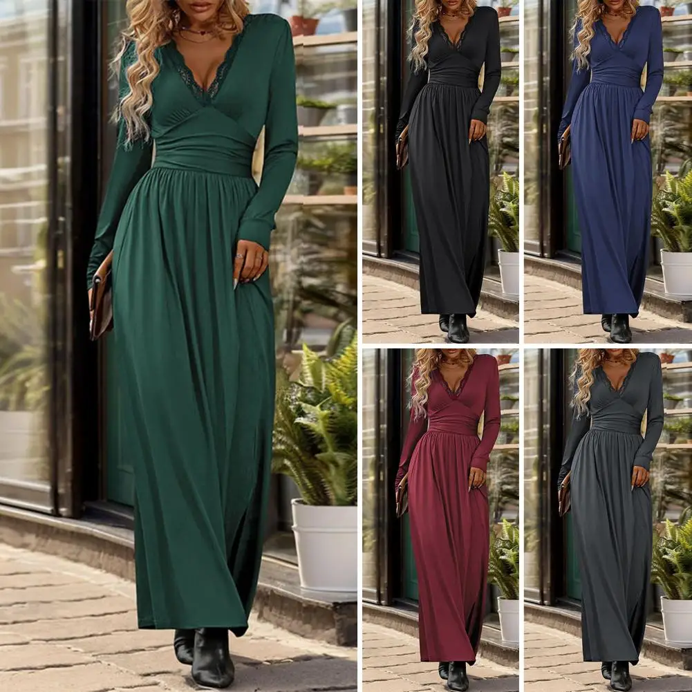 

Long Dress Elegant Lace V Neck Maxi Dress with Pleated Split Hem Slim Fit for Fall Spring Ideal for Commuting or Dating Outfits