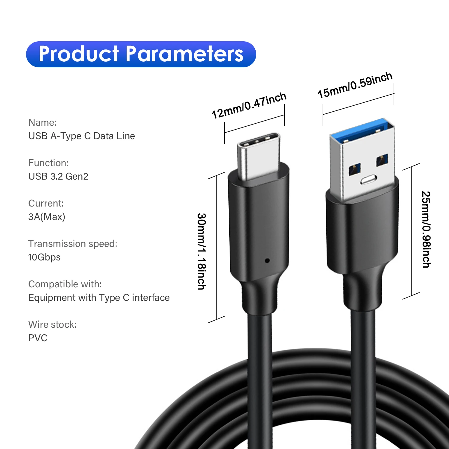 USB3.2 10Gbps Cable USB Type A to USB C 3.2 Gen2 Cable Data Transfer USB C SSD Hard Disk Cable 3A 60W QC 3.0 Fast Charging 2m 3m