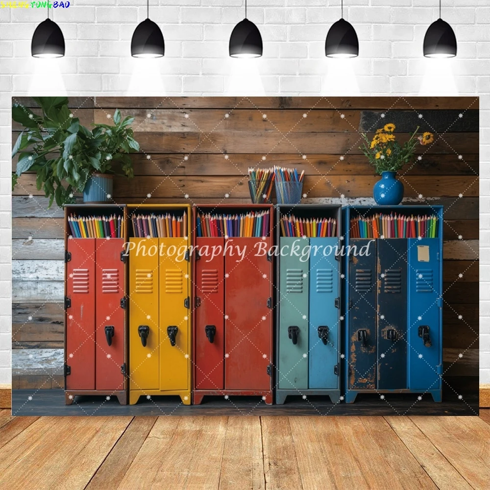 ‌Vintage School Backdrop‌ Wooden Desk Colorful Metal Bookcase Chalkboard Back to School Graduation Classroom Decor Background