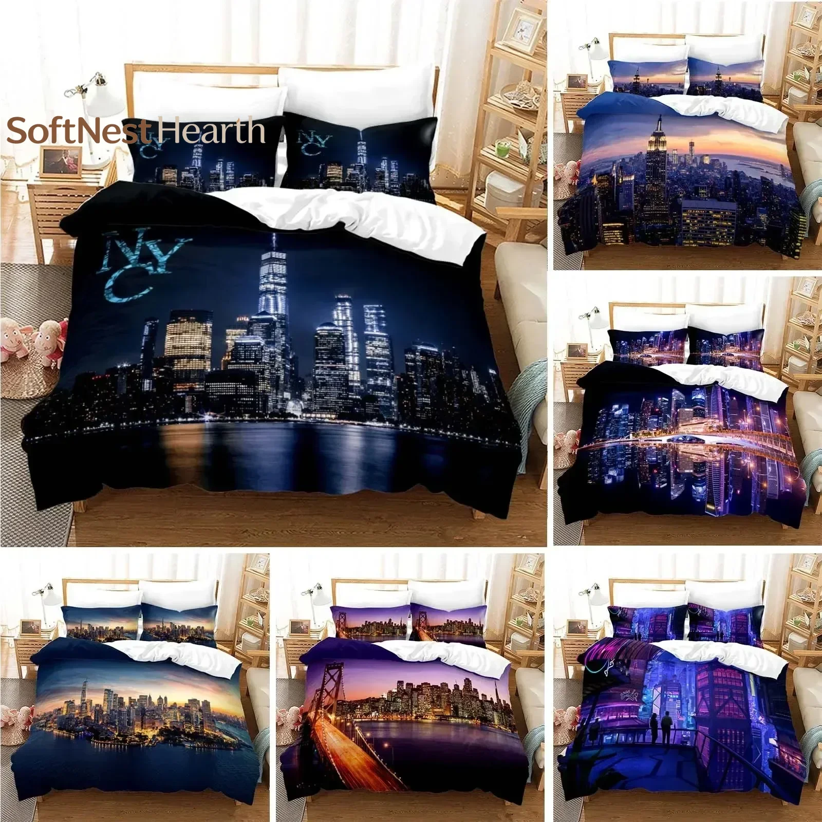 2026 New York City Night View Bedding Set Queen King Size Comforter Cover Duvet Cover Pillowcase Set Soft Home Textile Bedcloth