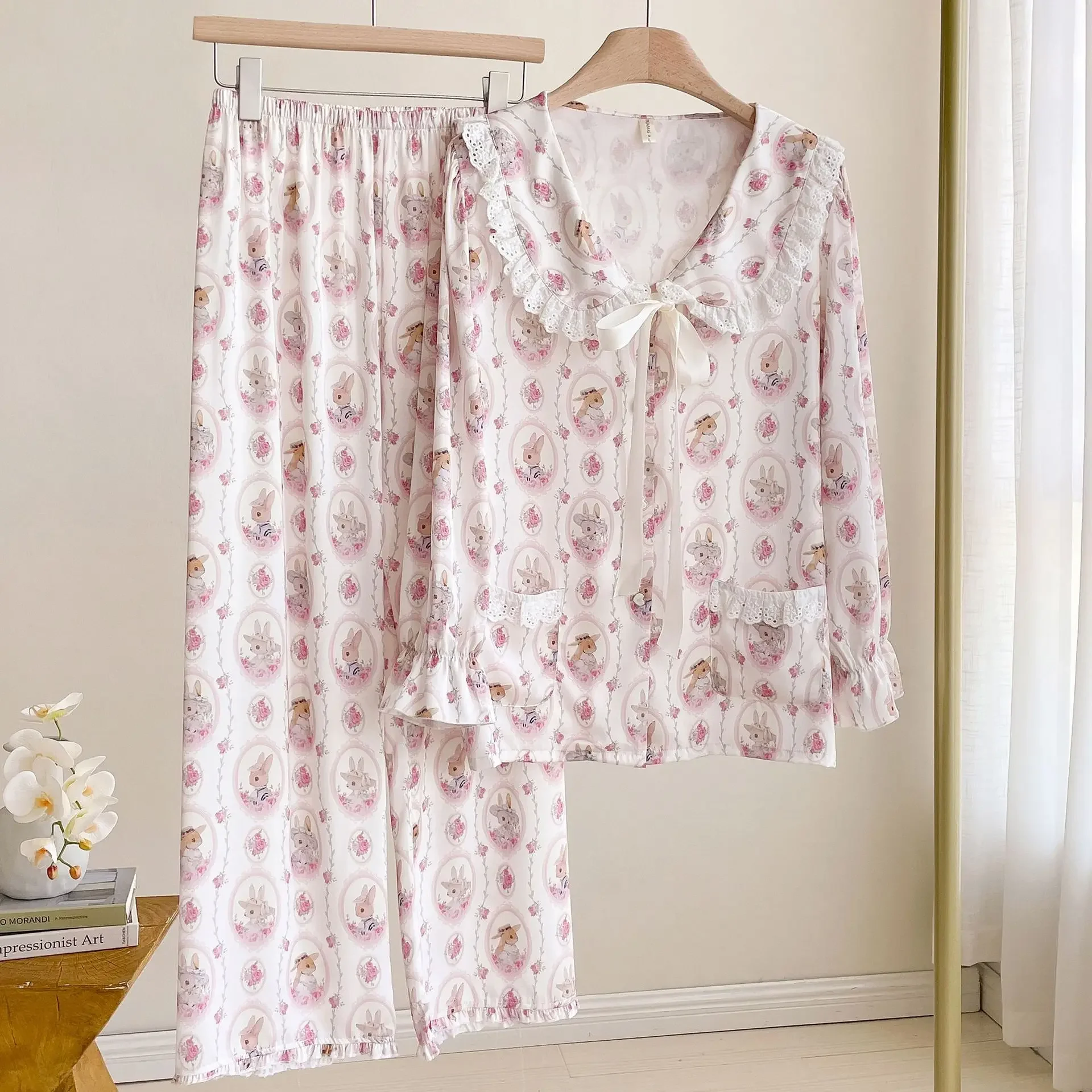 

Осенняя домашняя одежда с длинными рукавами, милые пижамы с мультяшным принтом, женская одежда для сна с кружевными краями и кукольным вырезом, милые повседневные рубашки, ночное белье