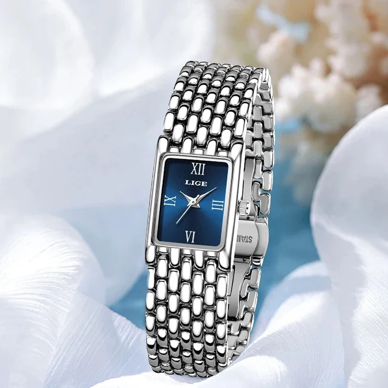 LIGE New Design Ladies Watch Fashion Quartz Wristwatch Silver Simple Square Women Watches Luxury Stainless Steel Folding Clock - Image 2