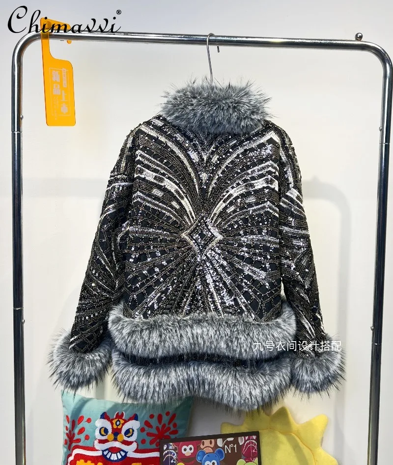 

Heavy Beaded Sequin Fox Fur Coat for Women 2025 Winter Clothes New Fashion Loose Warm Long Sleeve Light Luxury Faux Fur Jackets