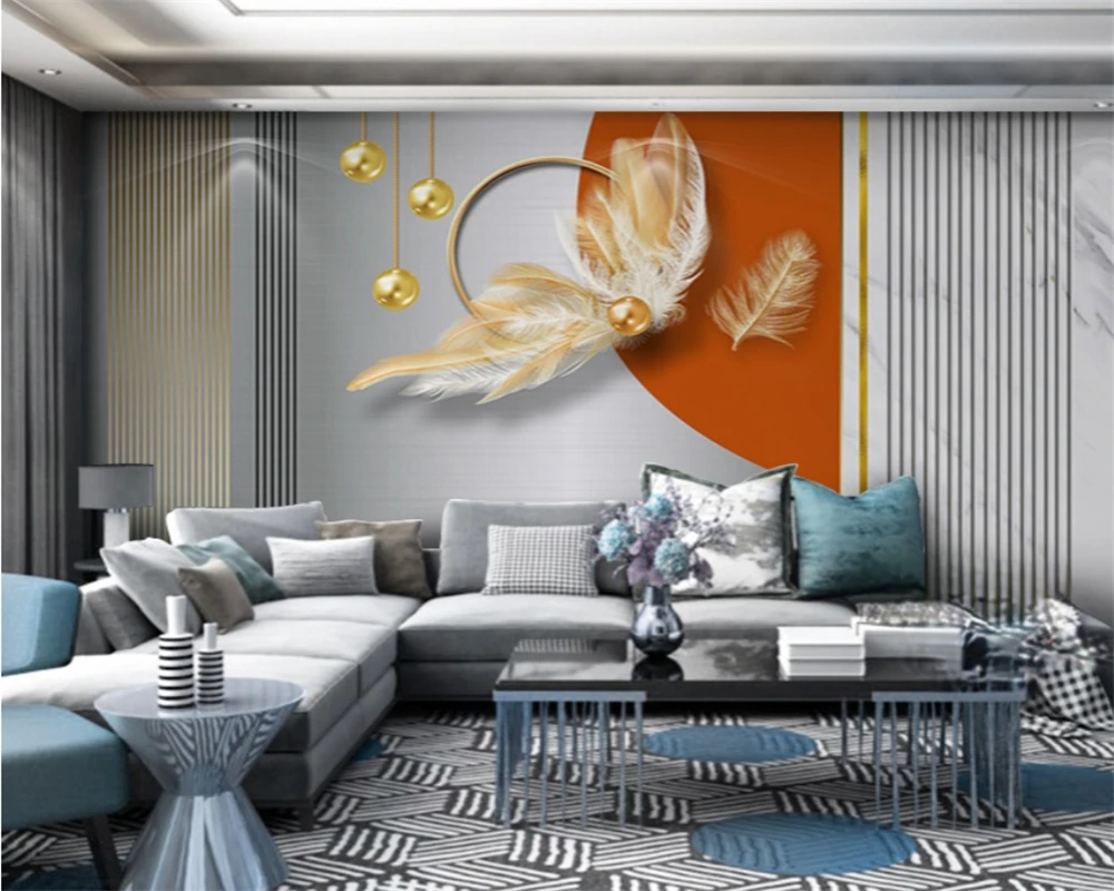

beibehang Custom European art background living room striped feathers modern light luxury sofa TV simple wallpaper papier peint
