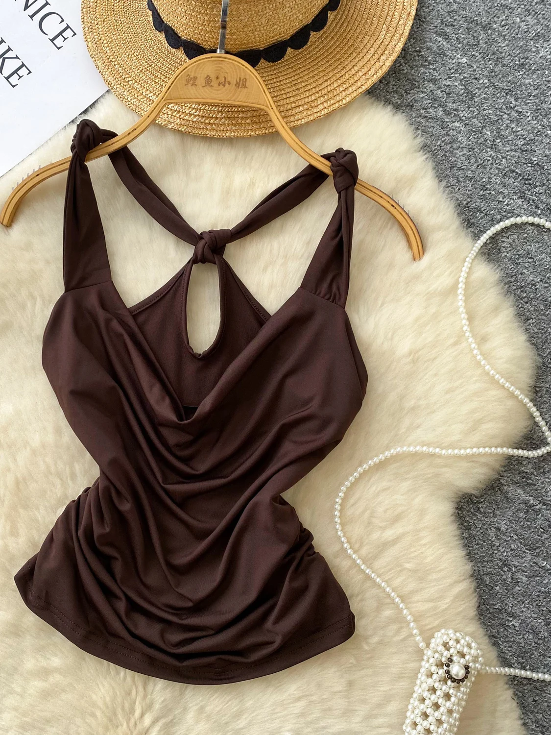 Ele Slim Fit ter Ne Vest Women's Summer Knot Twist Pleated Faionable Spicy Girl Top Trendy Commute Sle Bal