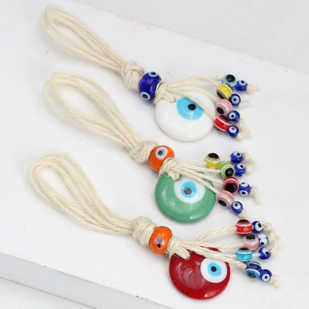Lucky Eye Glass Turkish Evil Eye Pendant Wall Hanging Colorful Spacer Beads Tassel Keychain Car Keyring for Women Men Jewelry