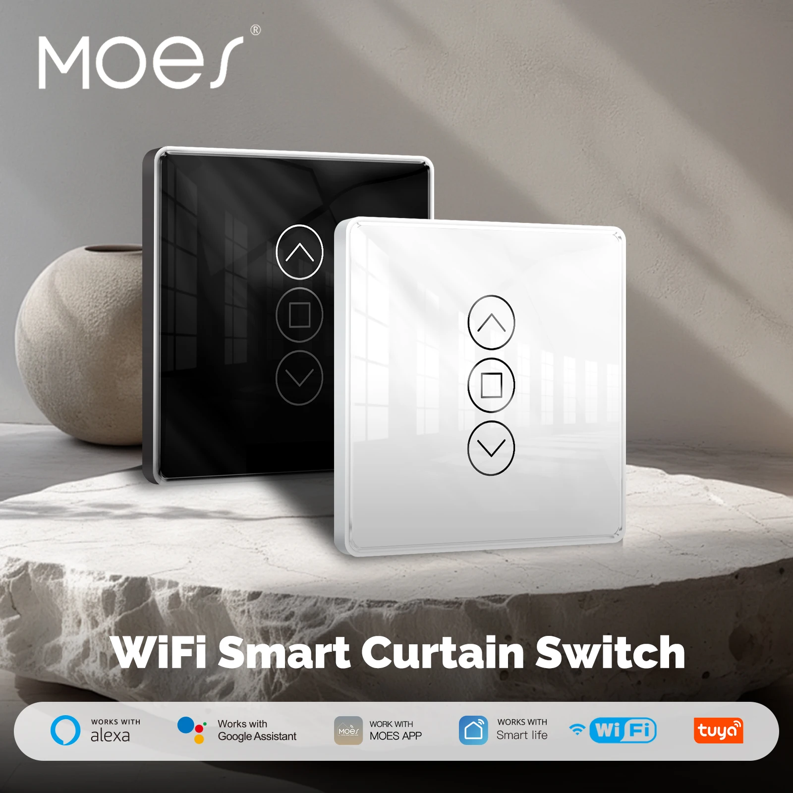 WLAN-Smart 2.5D Bogenförmiges Glas-Touchpanel Vorhangschalter für Rollos und Jalousien APP-Fernbedienung Kompatibel mit Alexa Google Home