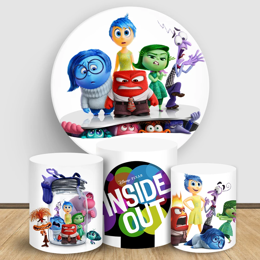 Disney Inside Out Round Backdrop for Kids Birthday Party Baby Shower white cartoon Elastic Cylinder Cake Table Background Cover