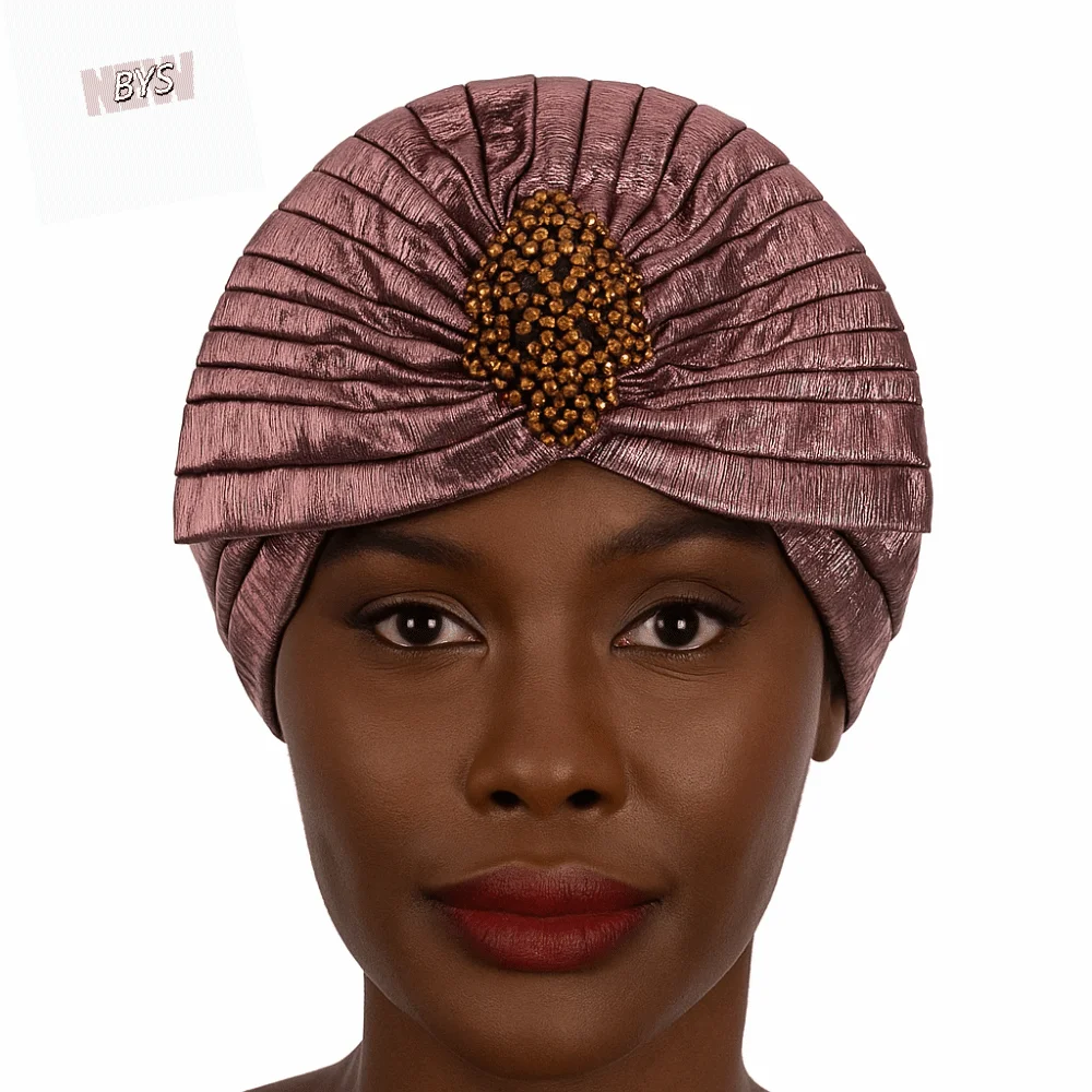 

Top Knot Arab National Hat Elastic Stretch Beaded Retro Pleated Headscarf Hat Solid Color Soft Gilded Indian Hat Indian Culture