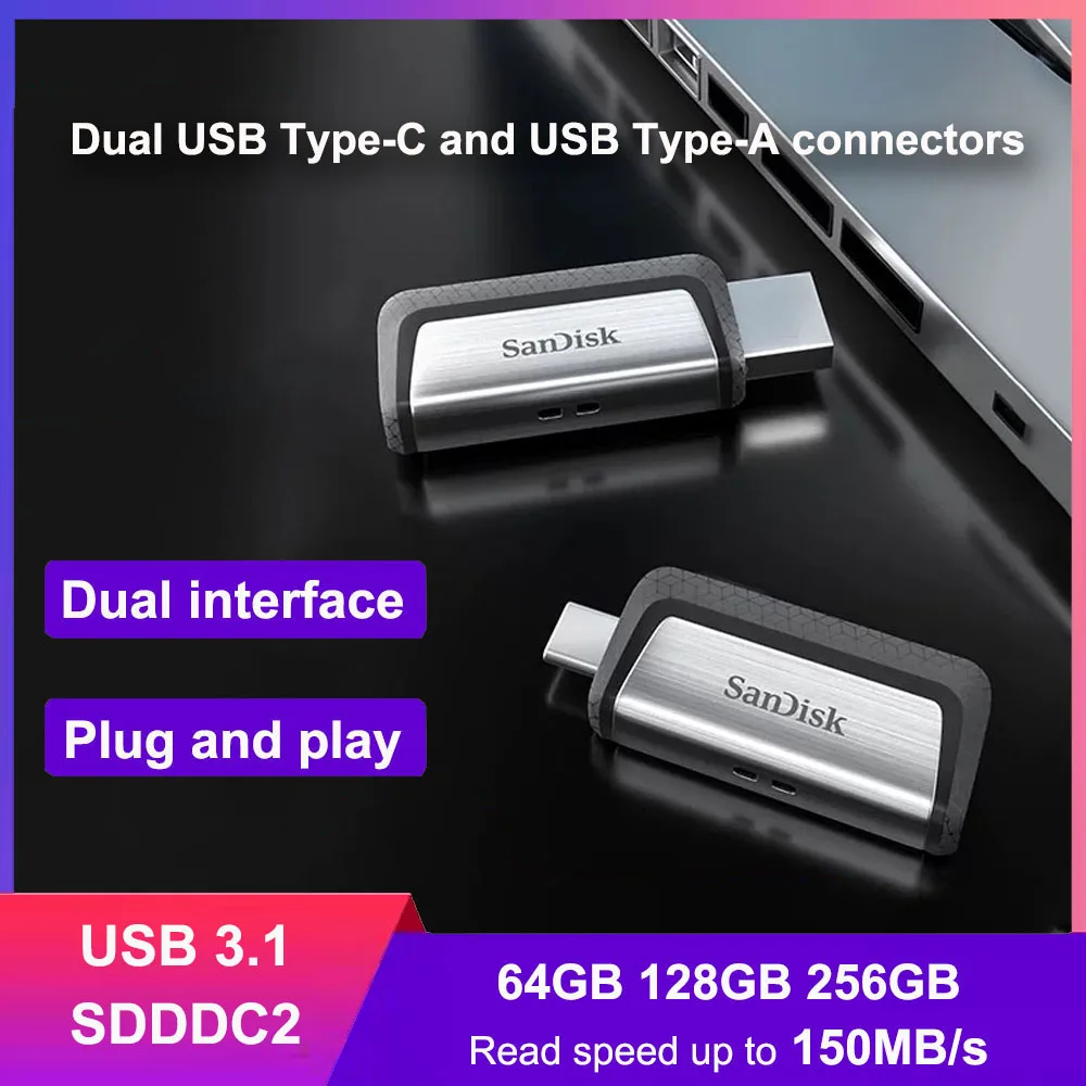 

SanDisk SDDDC2 Ultra Dual Drive USB Type-C 64G 128G 256GB OTG USB3.1 со скоростью до 150 МБ/с, двойной USB Type-C и USB Type-A