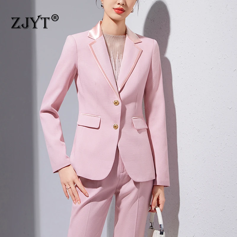 ZJYT Autumn Ladies Formal Business Blazer Pant Sets Two Pieces Womens Outfit Elegant Jacket Suit Trousers Office Work Wear Pink