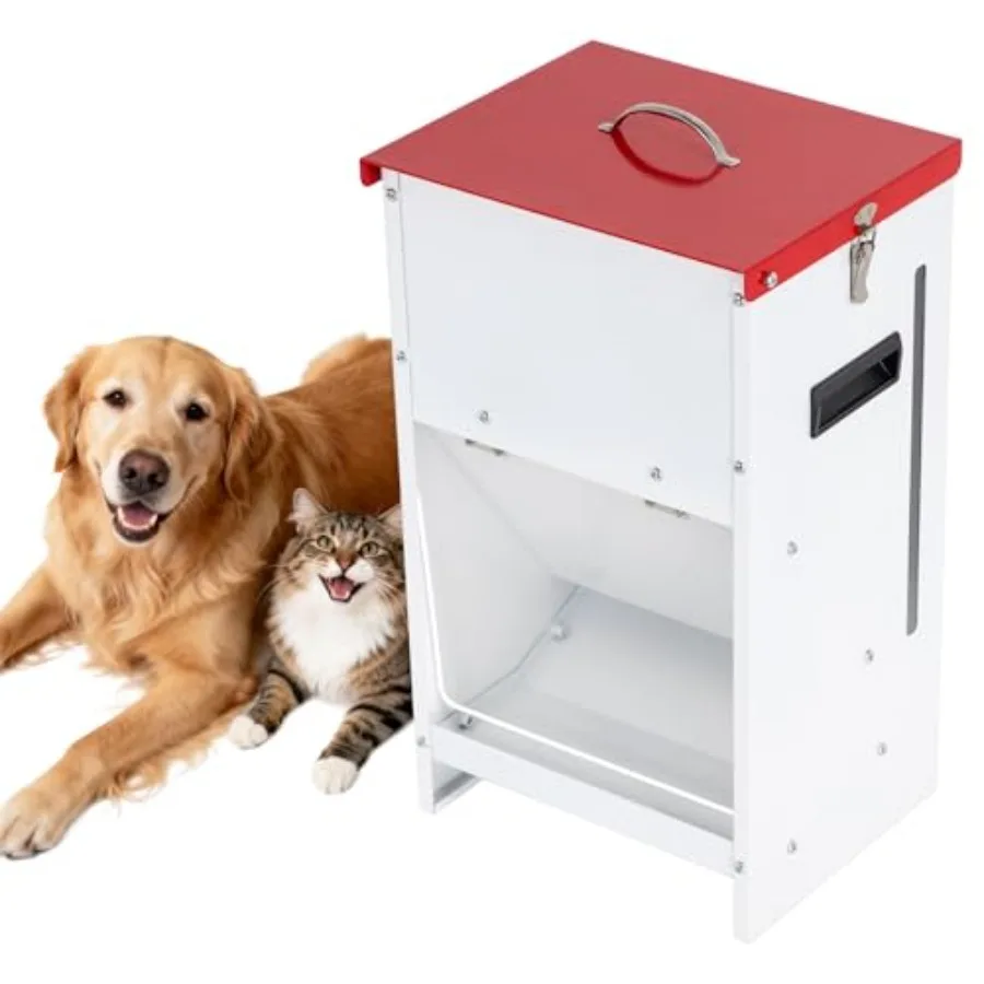

Automatic dog feeder for indoor and outdoor use powder-coated metal red and white waterproof 50LBS gravity dispensing capacity