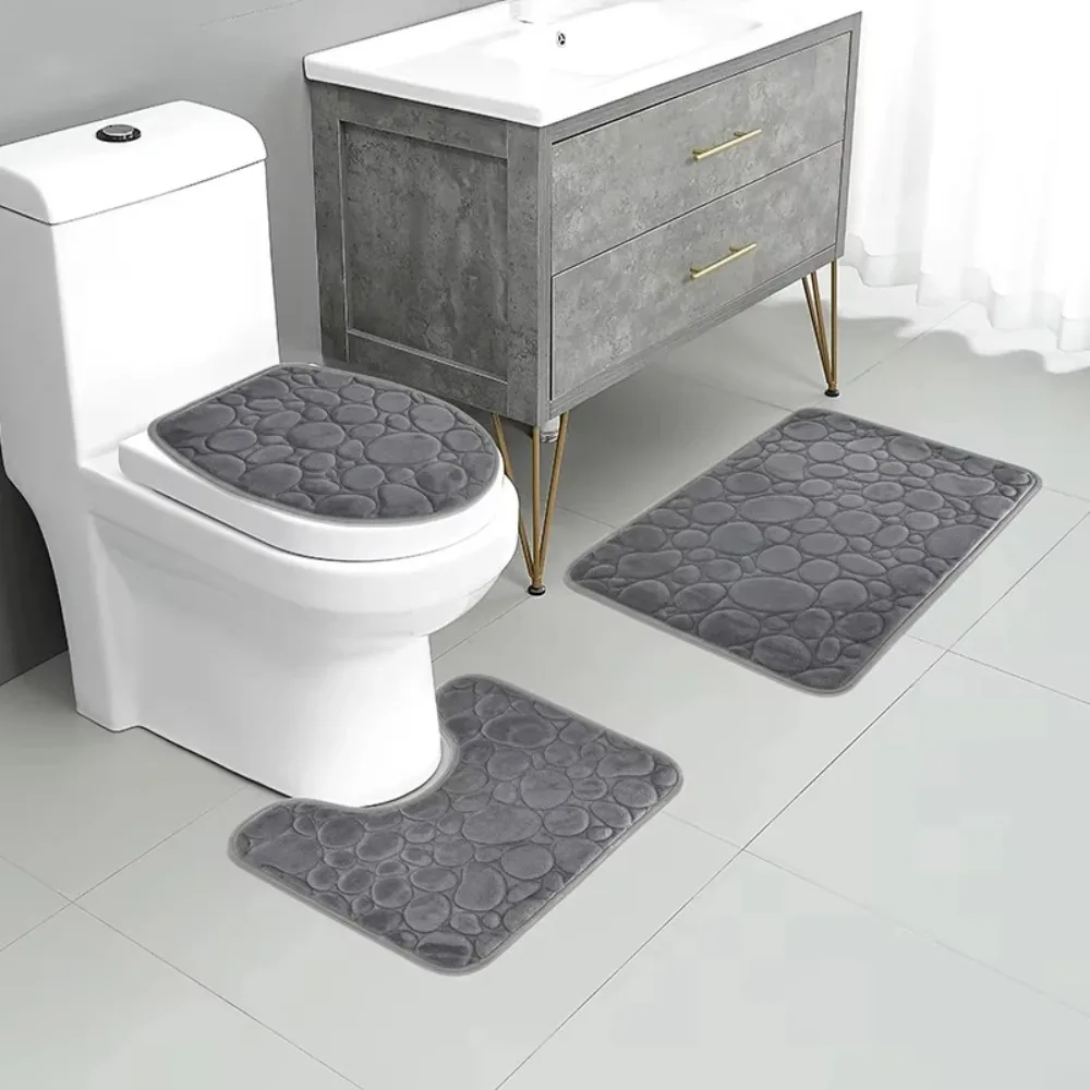 3pcs/Set Simple Bathroom Water-absorbing and Non-slip Floor Mat Solid Color  Stone Pattern Comfortable and Soft Three-piece Set