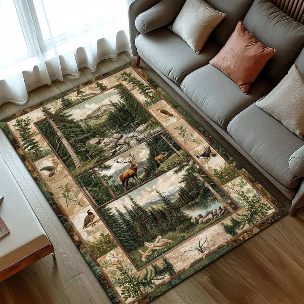 Realistic Wild Deer Pheasant Pine Carpet For Living Room Forest Mountain Landscape Rug Botanical Frame Bedroom Floor Mat Doormat