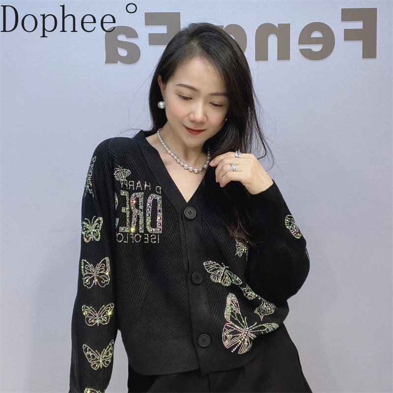 2024 New Autumn Winter All-match Women Knitted Cardigans Cot Shiny Butterfly Hoot Drilling Sweaters Elegant V-neck Knitting Top