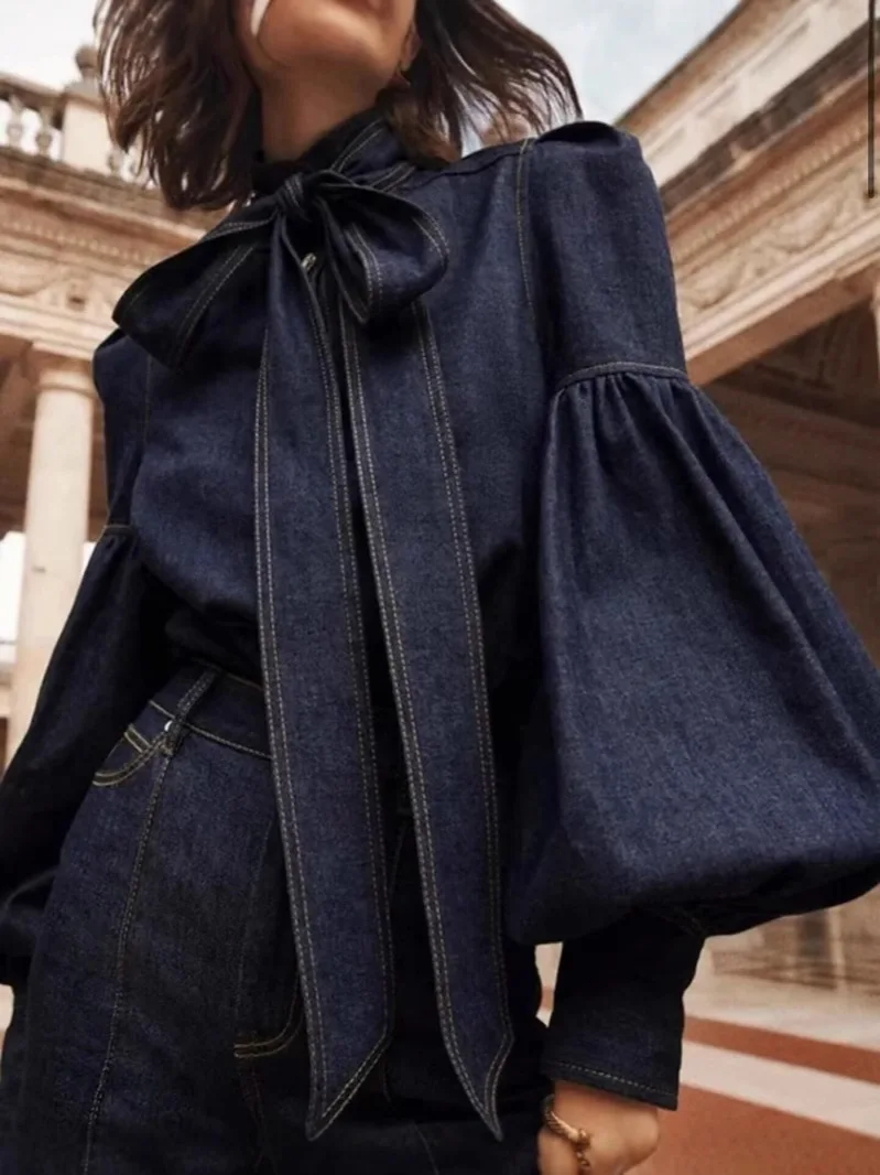 AW Urban Imitation Denim Blouse Tops Women's Blouses&Shirts New Spring Autumn Long Sleeves Puff Sleeves Tied High Neck Clot