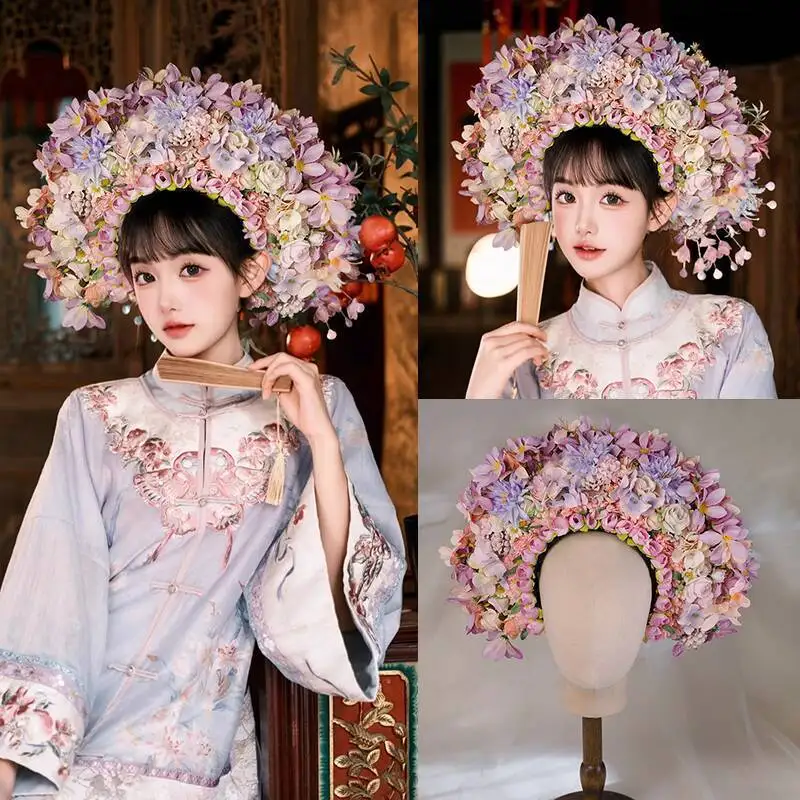 

Розовая фиолетовая заколка для волос с цветком, головной убор, китайское украшение Hanfu, повязка на голову, этнический головной убор с искусственным цветком, реквизит для фотосессии для путешествий