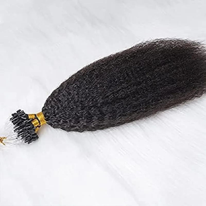 وصلات شعر بشري منغولي مع حبات صغيرة ، ميكرولينك ، حلقة صغيرة ، خشنة ، أحادية اللون ، كينكي ، مستقيم ، ياكي إيطالي ، جي ،