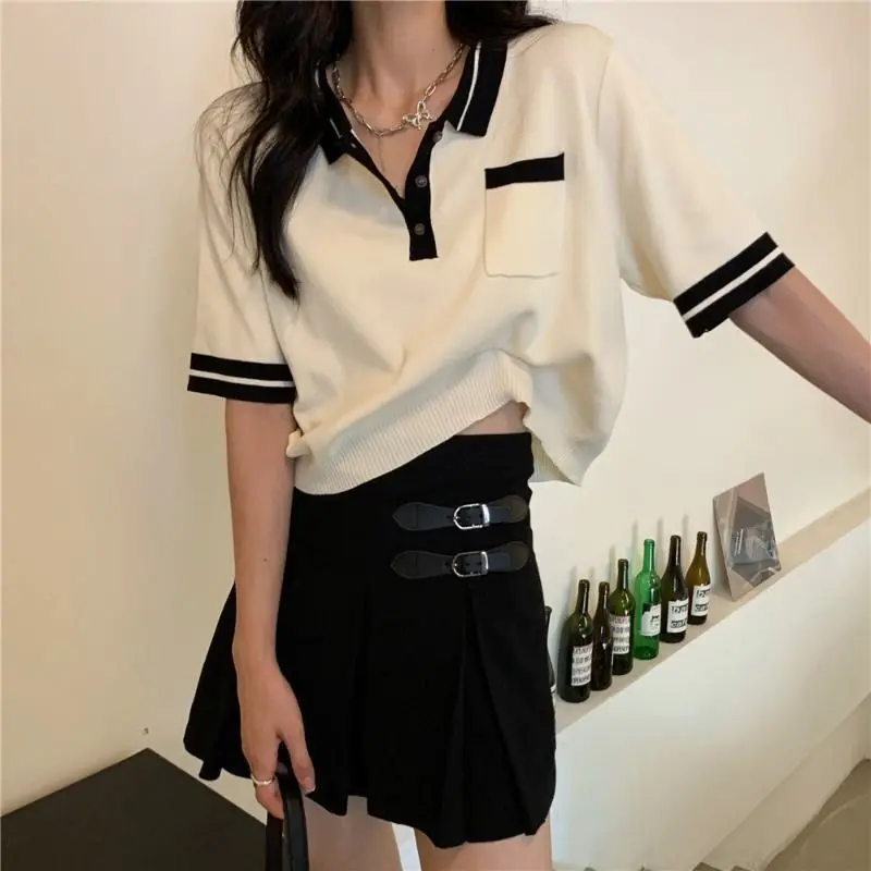 Knitted Short-sleeved T-shirt for Women's Spring Thin 2025 New Design Niche Short