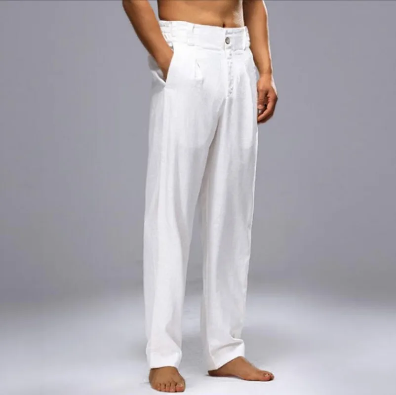 New Summer Men's Cotton Linen Elastic Waist Blend Breathable and Comfortable Drawstring Casual Pants for Foreign Trade