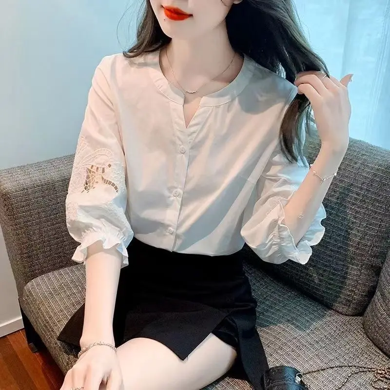 Spring and Summer New Short Sleeved Chiffon Shirt Women\'s 2024 New Bubble Sleeve Mid Sleeved Top Unique Shirt