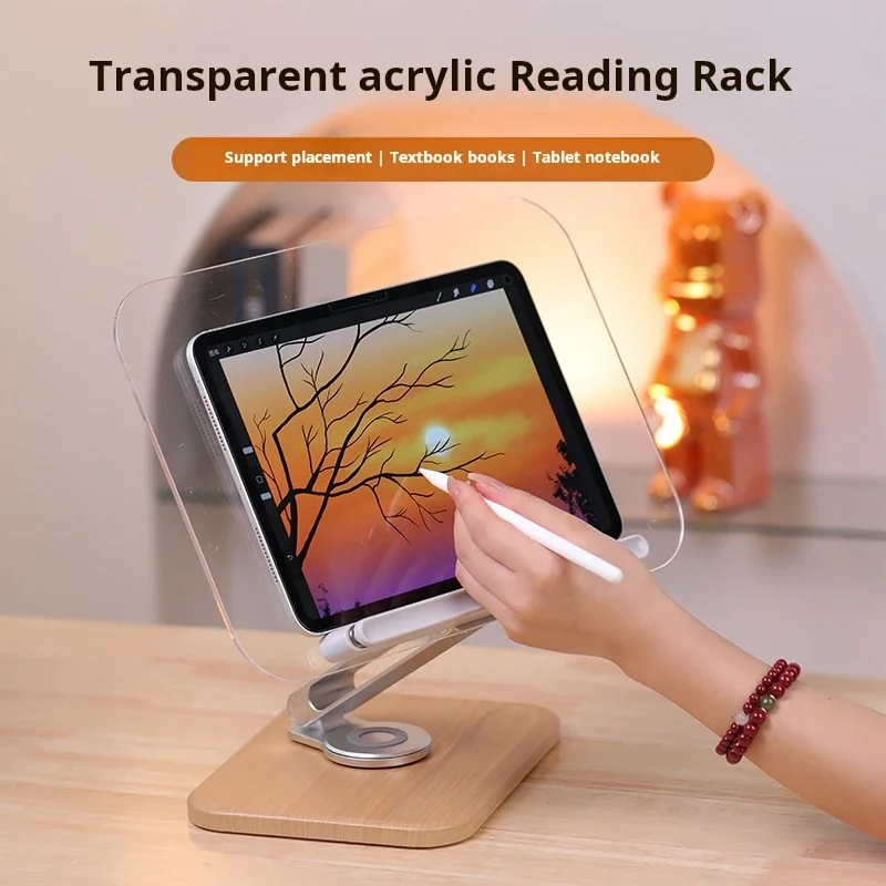 360° Rotating Bookshelf Transparent Acrylic for Reading, Bookshelf, Tablet Holder, Height Adjustable, Foldable, Aluminum Stand