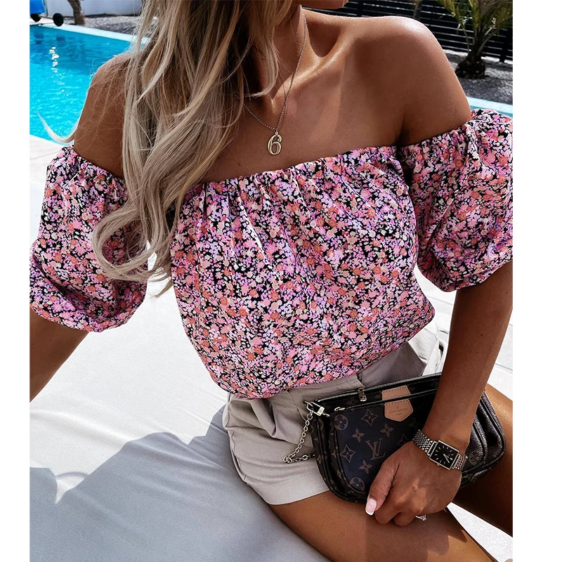 Ardm Sweet Off Shoulder Floral Print Tunic Tops For Women Short Sleeve Cropprd Shirts Sexy Backless Spring Womens Blouse