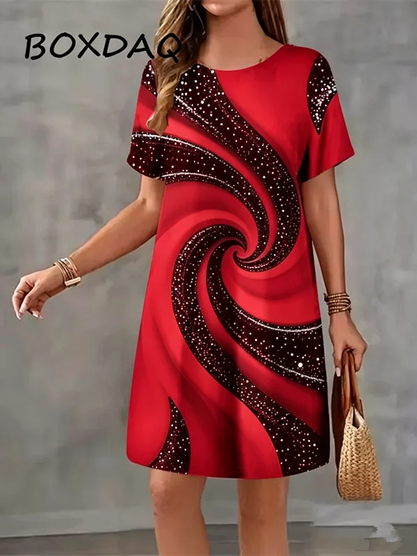 Elegant gradient stripes Print Women Mini Dress Spring Summer Women Beach Sundress Casual Loose Short sleeve Loose A-Line Dress