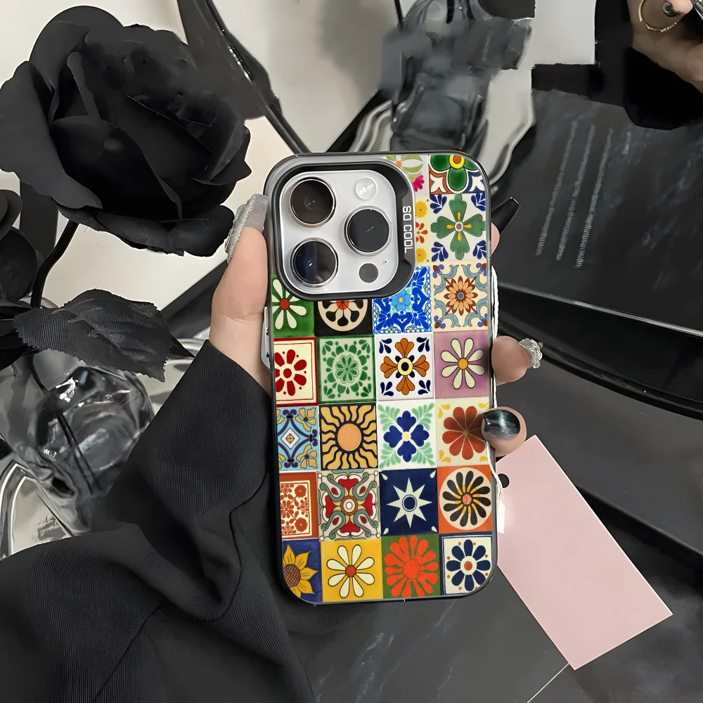 

Fashion Art Flower Phone Case For iPhone 16 15 14 13 12 11 Pro Max Grey Black Phone Cover Matte Laser Metallic Aurora Funda