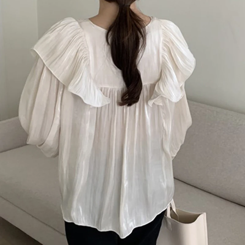 Chic Ruffled Edge Pleated Loose Shirt for Women Fashion Puff Long Sleeve Women Blouse Tops Solid Vintage Elegant Blouses New 201