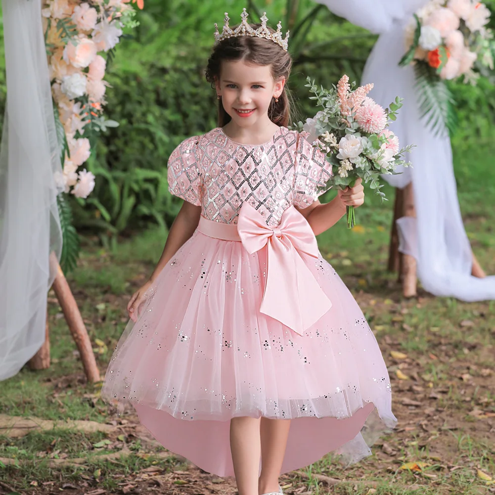 Flower Girls Princess Sequins Big Bow Baby Wedding Christmas Party Gown Trailing Dress Teenager Children Kids Elegant Vestidos