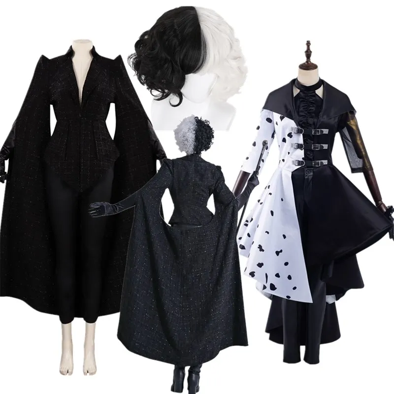 Cruella Cosplay Costume Adult Women Fantasy Coat Dress Wig Outfits Halloween Carnival Disguise Suit