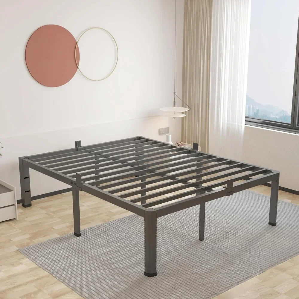 &Beds 14 inch Metal Queen Bed Frame with Rounded Corner and Headboard Hole Mattress Retainers 3500LBS Steel Slats
