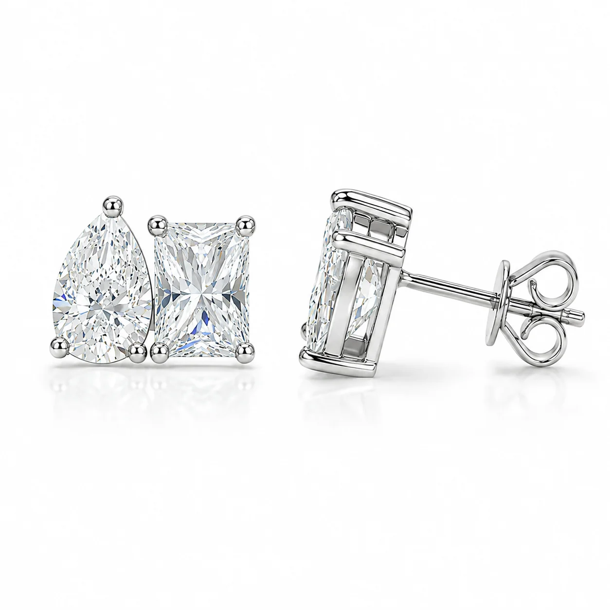 A Pair of 925 Sterling Silver 1-Carat Teardrop-Shaped Moissanite and 1-Carat Rectangular-Cut Moissanite Geometric Stud Earrings