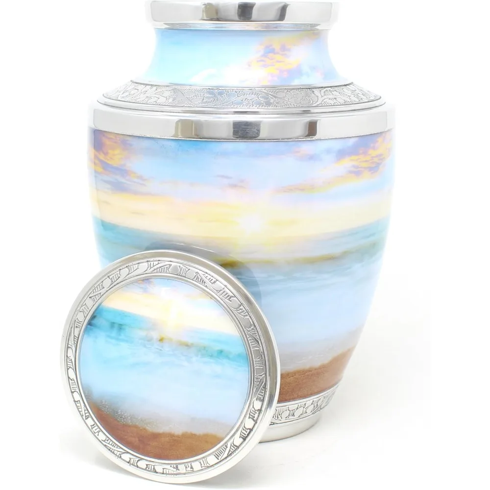 Grande urne de crémation pour hommes et femmes adultes pour cendres humaines – Onde de plage, coucher de soleil, décorative et enterrement