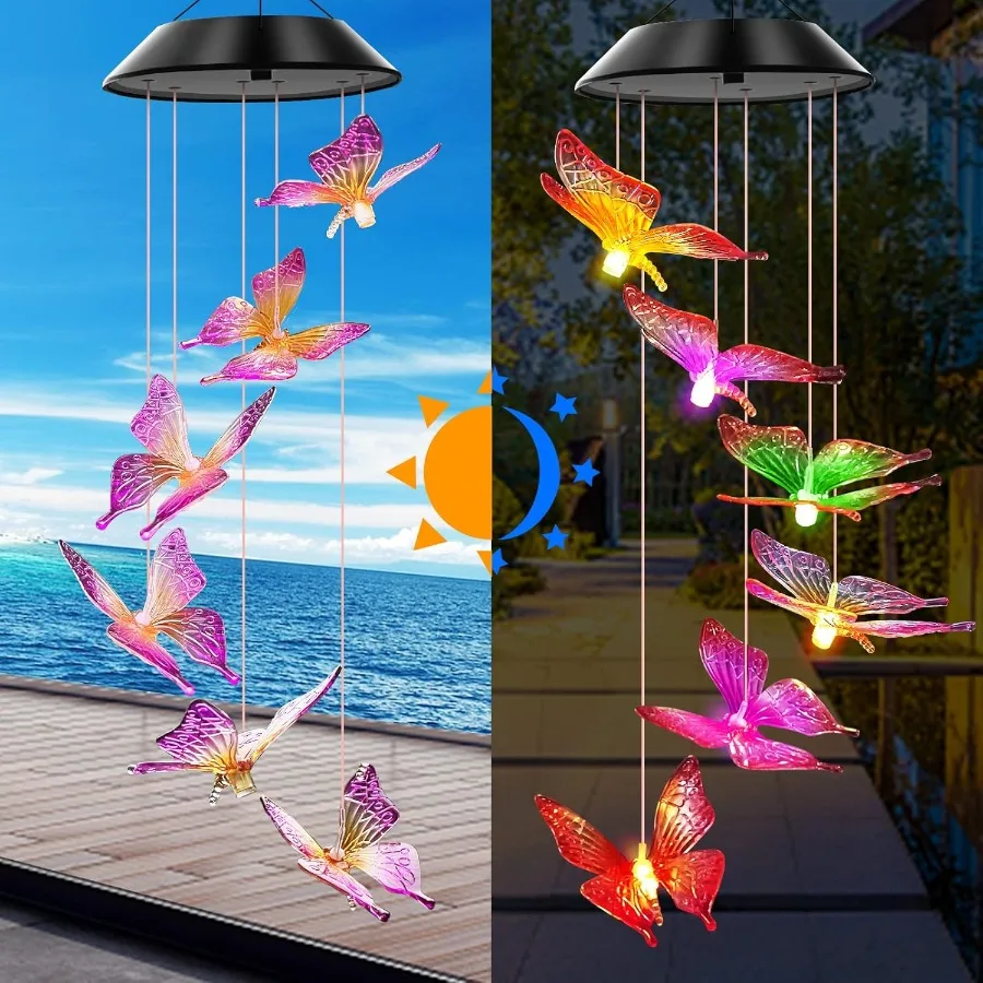 Purple Butterfly Solar Wind Chimes Color Changing Lights Outdoor Best Gifts for Mom Grandma Women Wife Aunt Sister Unique Mobil