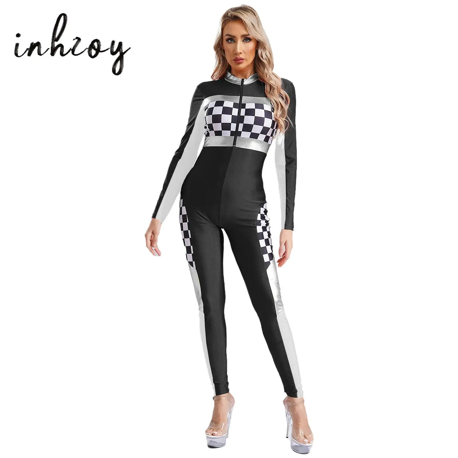 

Womens Racing Cheerleading Jumpsuit Bodysuit Checkerboard Plaid Long Sleeve Slim fit Rompers Club Racer Driver Cosplay Costume