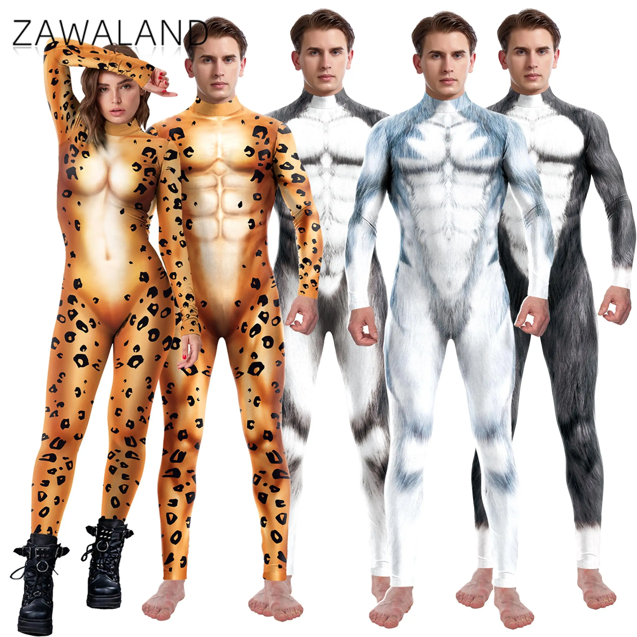 Zawaland Husky Wolf Leopard Jumpsuit Animal Cosplay Costume Men Zentai Suit Funny Disguise Wear Halloween Holiday Party Clothes