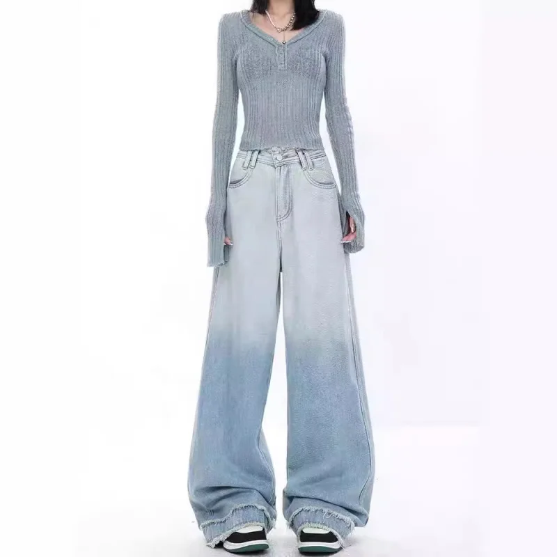 

Spring Summer New Gradient Blue Straight Leg Jeans for Women Vintage Frayed Design Wide Leg Pants