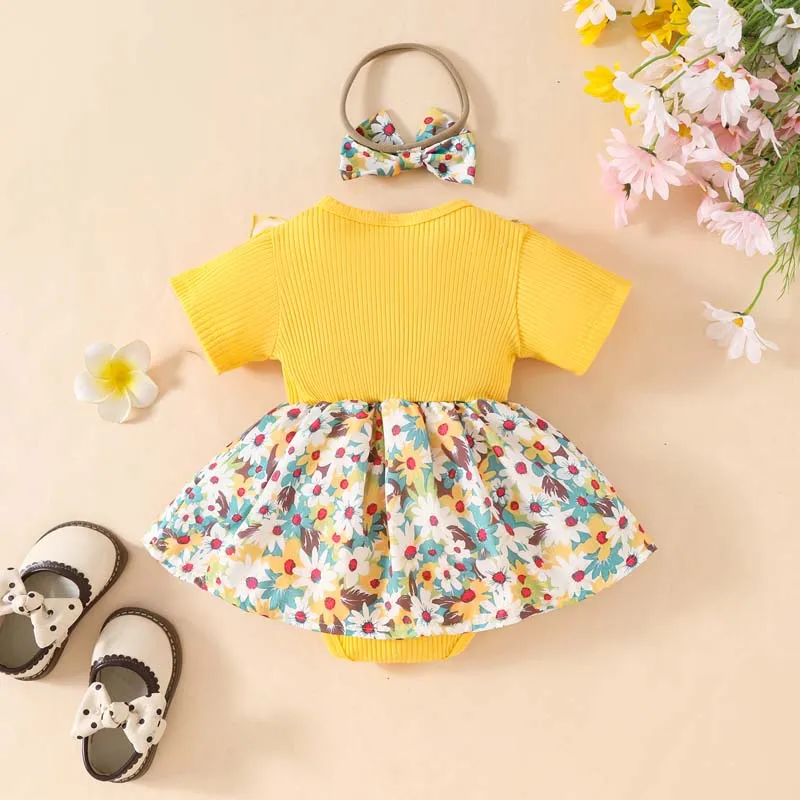 Baby Clothes Girl Skirt Bodysuit 0 To 18 Months Summer Short Sleeve Bow Pit Stripe Floral Pattern Bodysuit With Hairband Outfits