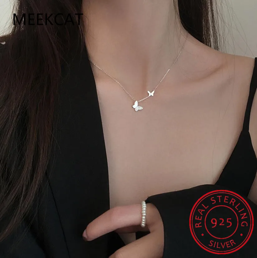 Collar de plata de ley 925 con circonita cúbica para mujer, cadena de clavícula de Dos mariposas, joyería delicada coreana