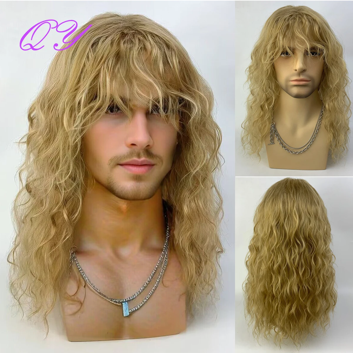 Synthetic Men Wig Water Wave Golden Color Long Curly Male Wig With Bangs Daily or Cosplay Adjustable Size Man Hair Wig