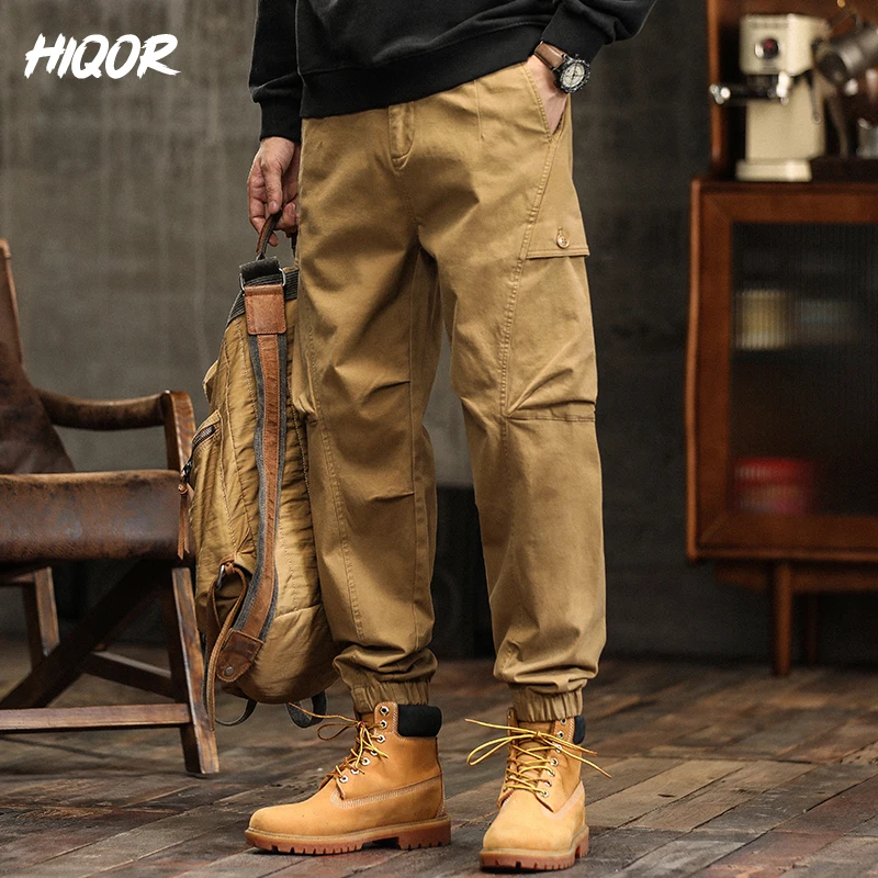 Hiqor-Calça Masculina Solta de Algodão Cargo com Bolso Grande, Macacão Masculino, Streetwear Casual Baggy, Esportes ao Ar Livre, Atletas, Roupas Masculinas