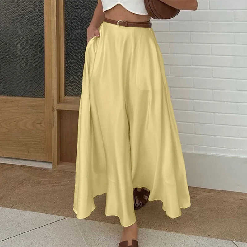 

Yellow High Waist Long Skirt for Women Satin Elegant Fashion Skirt with Pocket A-line Summer New Commuting Skirt Female