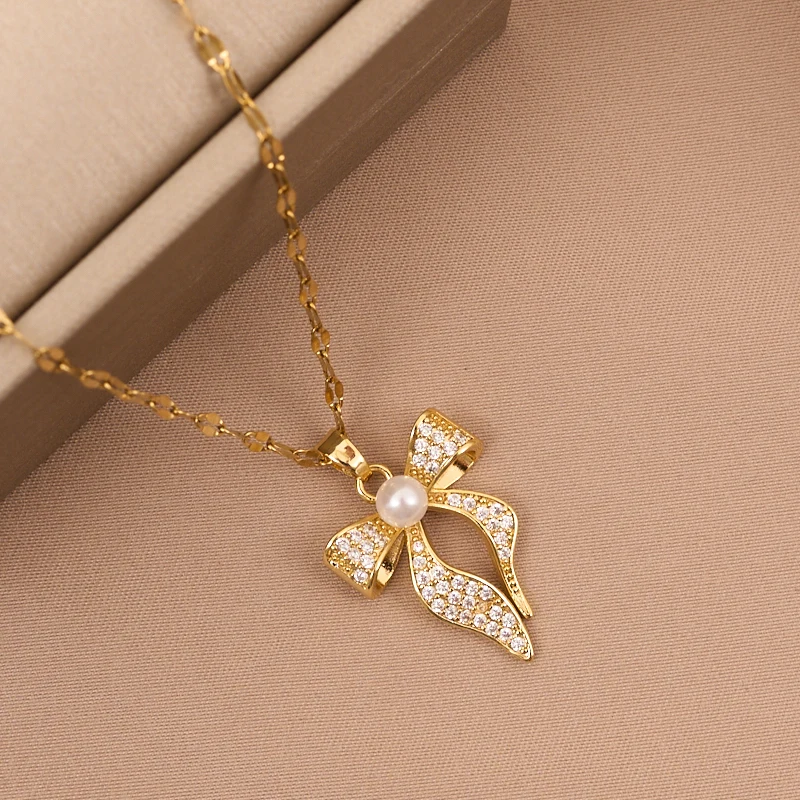 Exquisite and Gorgeous Pearl Stainless Steel Big Bow Necklace Classic Girly Dinner Clavicle Chain