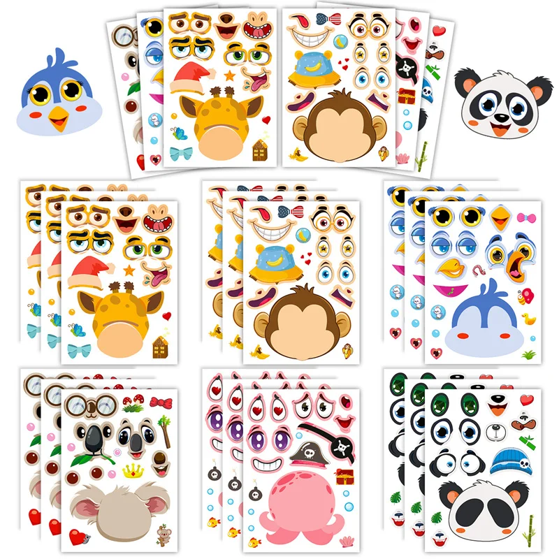 Creative Make Your Own Stickers for Kids 6-24sheets Zoo Animal Cat Dog DIY Changeable Face Sticker Children Puzzle Jigsaw Toys