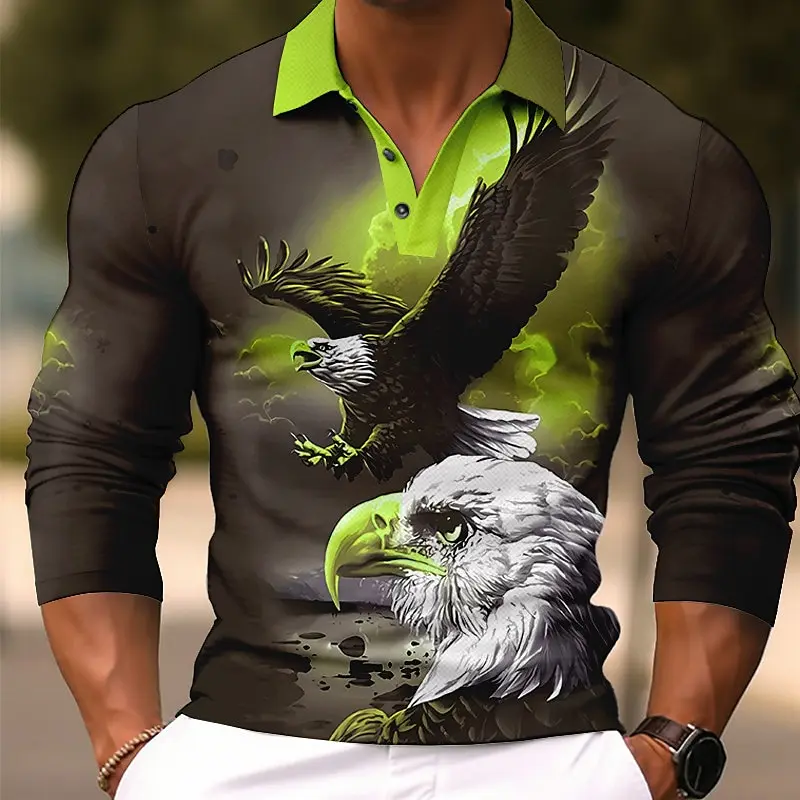 Men's Eagle Animal Long Sleeve Polo Shirt Breathable Casual Top Slim Fit Quick Dry Classic Collar Multi Colors Men's Clothing